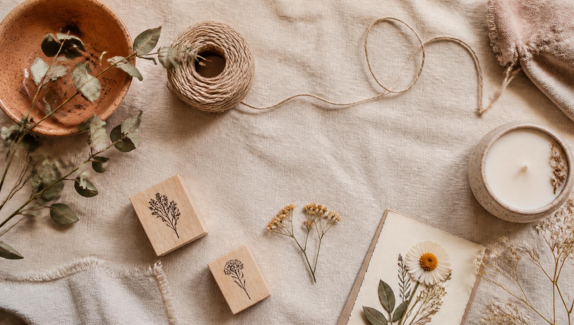 Handmade craft supplies flat lay with terracotta ceramics, dried flowers, and natural materials